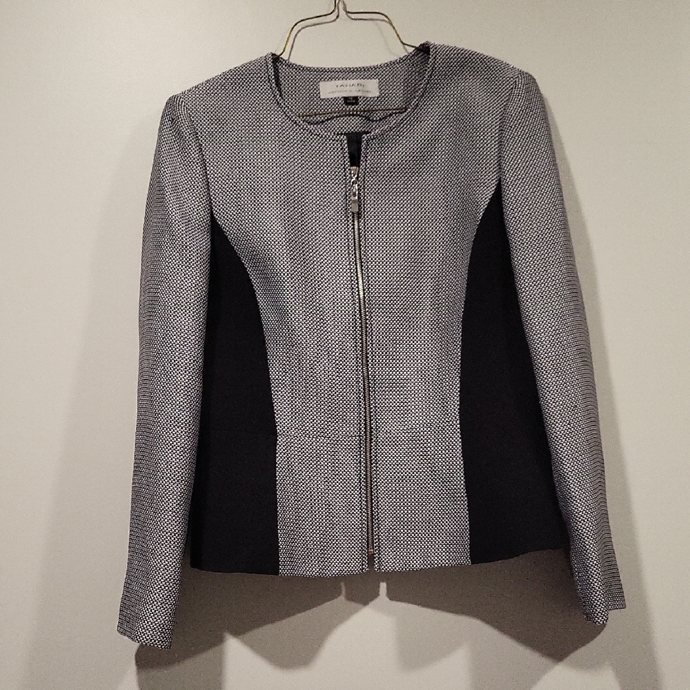 Tahari Black & White Zip-Front Textured Blazer